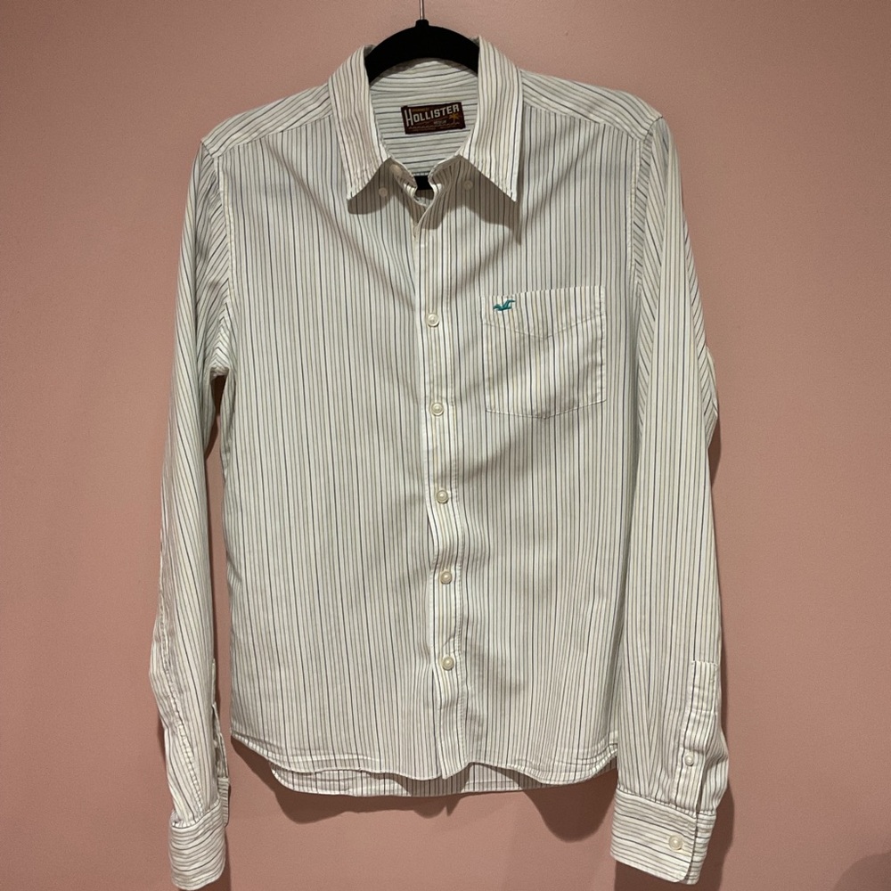 Vintage Hollister Women's White Striped Button Down Shirt
